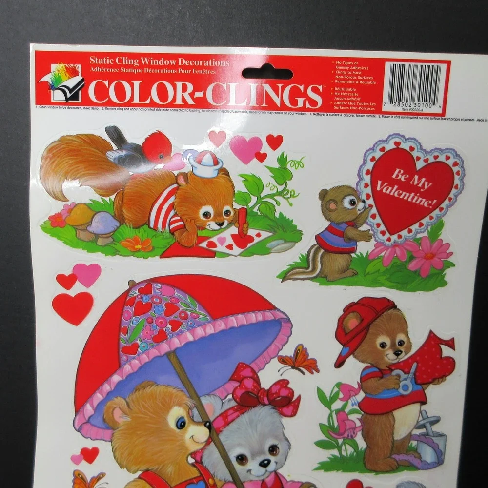 Vintage COLOR-CLINGS Valentine's Day Static Window Clings Decorations Animals